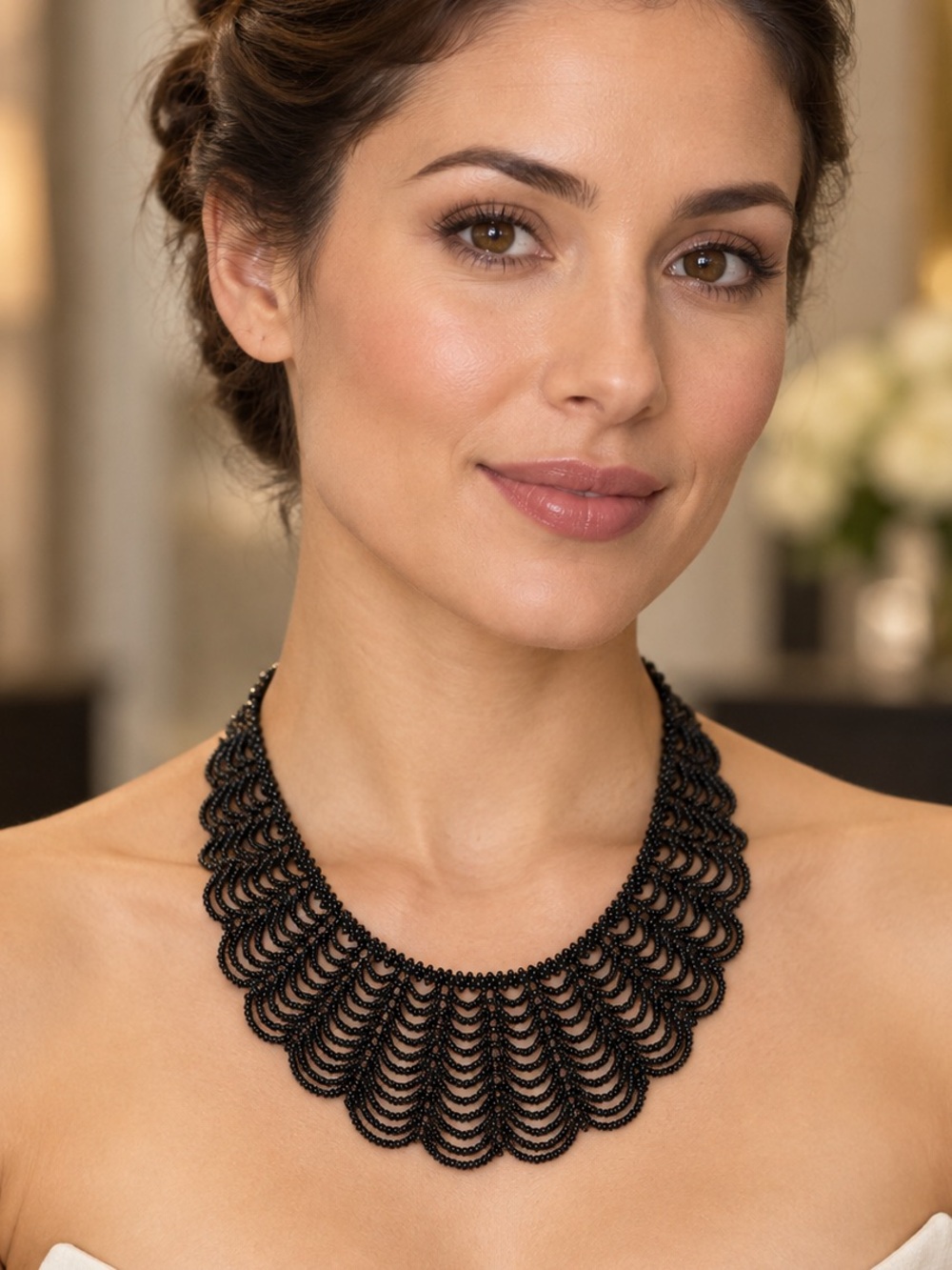 Handmade Black Seed Bead Bib Necklace Scalloped Statement Jewelry